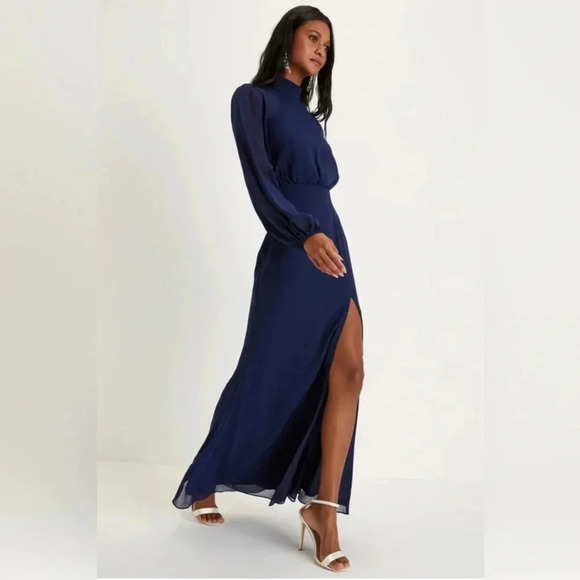 Lulus Graceful Entrance Navy Blue Long Sleeve Backless Maxi Dress Sz XS nwot - Picture 3 of 3